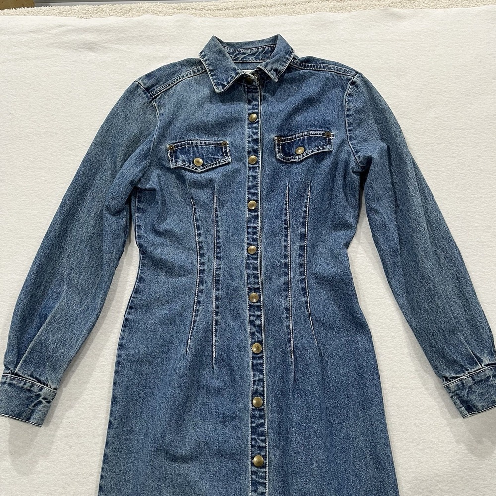 Vintage Paris Sport Club Denim Dress Blue Long Sleeve Snap Front Midi Size 5